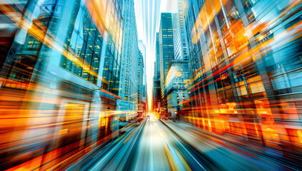 Wall Mural - the energy of city life accelerates as night falls, with streaks of light painting a vivid tableau o