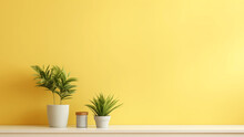 A Minimalist Interior Design Room Featuring Blank, Bright Yellow Wall With Copy Space For Text, As A Backdrop. On Shelf Against Wall, Displayed Two Potted Green Plants And Small Wooden Container