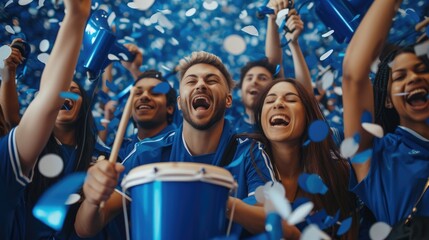 Ecstatic sports fans in blue attire are jubilantly celebrating a team victory, holding a cheering energy aloft amidst a shower of confetti. AIG41