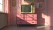 © Johnathan - Television on Pink Dresser in Retro Room Generative AI