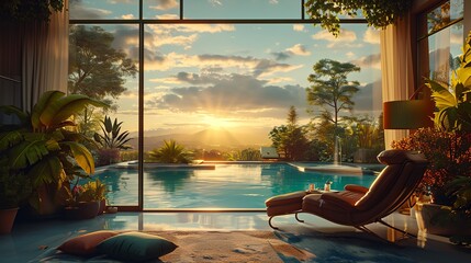 Poster - a chair in front of a window next to a pool at sunset