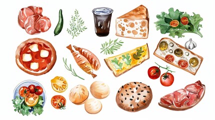 Wall Mural - a drawing of a variety of food items on a white background