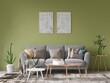 Mock up of an interesting bright living room with a fashionable comfortable sofa and a green decorative background, 3D rendering.