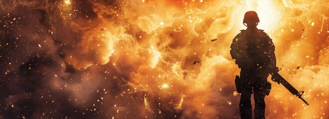 Poster - A soldier stands in front of a fiery explosion. Concept of danger and chaos, as the soldier is surrounded by the destruction of the blast. The bright orange and yellow colors of the explosion
