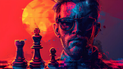 Wall Mural - Chess concept, Cool King chess wearing sunglass