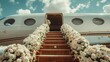 wedding plane details such as decorations, flowers. The stairs to the plane are decorated with flowers, the frame conveys the essence of the wedding and makes the photo more authentic.