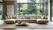 clean lines, simple shapes and minimalist furniture of a modern sofa and lounge table in a living room with large panoramic windows