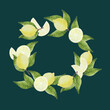 Corona de limones, gajos, mitades y hojas pintados a mano con acuarelas sobre fondo verde oscuro/ verde pato real. Se puede usar para escribir un mensaje en su interior