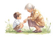 An illustration of grandmother and grandson in watercolor style.