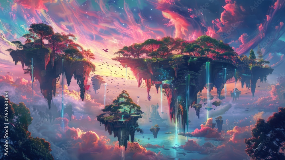 Floating islands with waterfalls and trees in a surreal sky. Fantasy ...