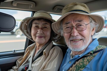 joyful elderly asian couple in car. senior people traveling concept