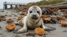  A Baby Seal Resting Beside Orange Peels And Seaweed On A Seaside With A Pier In The Backdrop