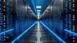 Panoramic view down a brightly lit data center corridor, illustrating the precision engineering an