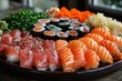 A lavish assortment of Japanese sushi featuring salmon, tuna, and caviar on a black platter.