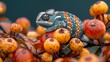  A chameleon perched atop an orange-laden tree, surrounded by various fruits on its branches