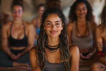 Multicultural individuals come together to meditate in a studio, advocating for mental health and stress relief. Concept Mental health, Stress relief, Meditation, Multiculturalism, Studio gathering