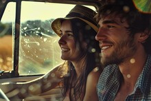 Side view of joyful young woman relaxing on the front seat while her boyfriend sitting near and driving their car