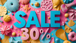 A colorful collage-style background for 30% off advertising formed from paper cutouts
