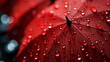 Rainy Day droplets on red Umbrella Close-up. Vivid umbrella with fresh water raindrops, copy space, suitable for rainy day concepts, Generative AI.