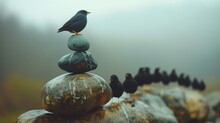  A Black Bird Sits Atop A Pile Of Black Birds On Top Of A Rocky Mound