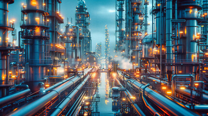 Wall Mural - Refinery Illumination: A Factorys Complex Network of Pipes and Towers Lit Against the Night Sky, Showcasing Industrial Activity