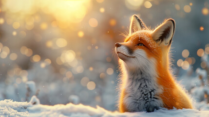 Wall Mural - 3d Red cute fox cub on the background of a snow  fairy tale winter forest 