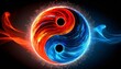 yin yang or tai chi symbol made of red and blue fire on black background created with technology