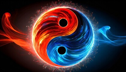 Wall Mural - yin yang or tai chi symbol made of red and blue fire on black background created with technology