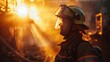 A firefighter in full gear bravely stands in front of a raging fire, ready to combat the flames with determination and courage. The intense heat and smoke fills the air as the firefighter assesses the