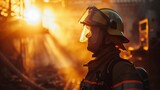 Fototapeta  - A firefighter in full gear bravely stands in front of a raging fire, ready to combat the flames with determination and courage. The intense heat and smoke fills the air as the firefighter assesses the