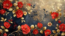 Floral Pattern With 3d Red And Gold Flower Branches. Vintage Floral Patterns, Swirling Leaves And Gold Outline.