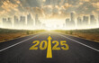 The year 2025 with a yellow arrow symbol on a flat asphalt road and the city skyline with skyscrapers in the background. Morning sunrise sky. 2025 New Year Goals concept. 