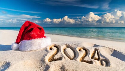 Wall Mural - new year 2024 background with christmas hat and handwritten in the white sand
