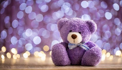 cute sleepy purple teddy bear with sparkling purple bokeh background