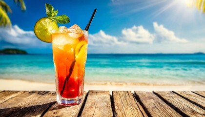 Wall Mural - fresh cold exotic drink on wooden planks blurred tropical beach background blue sky above the horizon vacation summer