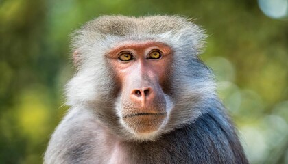 Wall Mural - adult old baboon monkey pavian papio hamadryas close face expression observing staring vigilant looking at camera with green bokeh background out focus hairy adult baboon with silver grey hair