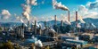 The environmental impact of factories emitting smoke against a blue sky. Concept Pollution, Air Quality, Factory Emissions, Environmental Impact, Blue Sky