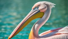 Close Up Of A Pink Pelican Against A Turquoise Background