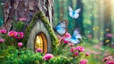 Fototapeta  - fantasy fairy tale forest with magical shining window of enchanted elf or gnome house in hollow of pine tree blooming fabulous pink flowers garden flying common blue butterflies on magic sunny glade