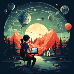 Girl working on a computer, graphic designer concept