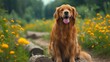  A golden retriever sitting on a log in a field of wildflowers, with its tongue lolling