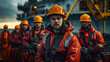 A group of focused offshore oil rig workers in high-visibility safety gear, prepared for their demanding roles amidst the vastness of the sea