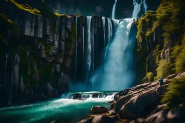 Wall Mural - A breathtaking panoramic view of a majestic waterfall cascading down a steep mountainside, captured with incredible detail in 4K resolution. The fine textures and vibrant colors make this image 