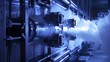 Liquid helium flows through cryogenic tubes, chilling experimental apparatus to temperatures colder than interstellar space.
