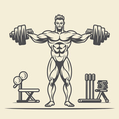 red white black modern style minimalist lines of a strong muscle pose strong body builder anatomy man at gym with bundle Doing exercises in all body positions using different gym equipment