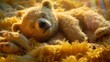 © Janis - A brown  bear atop a heap of yellow stuffed animals, atop a bed of yellow fluffy fabric