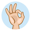 Avatar icon of a child's hand showing gesture okay. In a blue circle. Isolated on white background. Vector illustration.