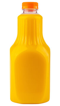 Orange juice bottle. Organic orange or lemon juice in plastic or glass bottle. One gallon or liter cold Juice for smoothie. Fresh fruit juice for drinking cocktail. Vitamin citrus tropical lemonade