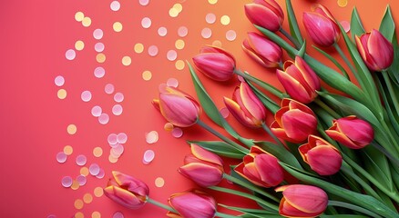 Wall Mural - Bouquet of red and pink Tulips on Yellow Background