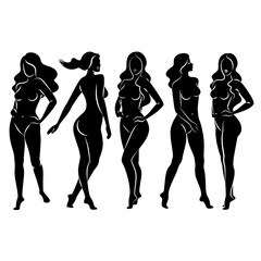 Silhouette of a nice lady, she is standing. The girl has a beautiful naked figure. The woman is a young sexy and slender model. Vector illustration